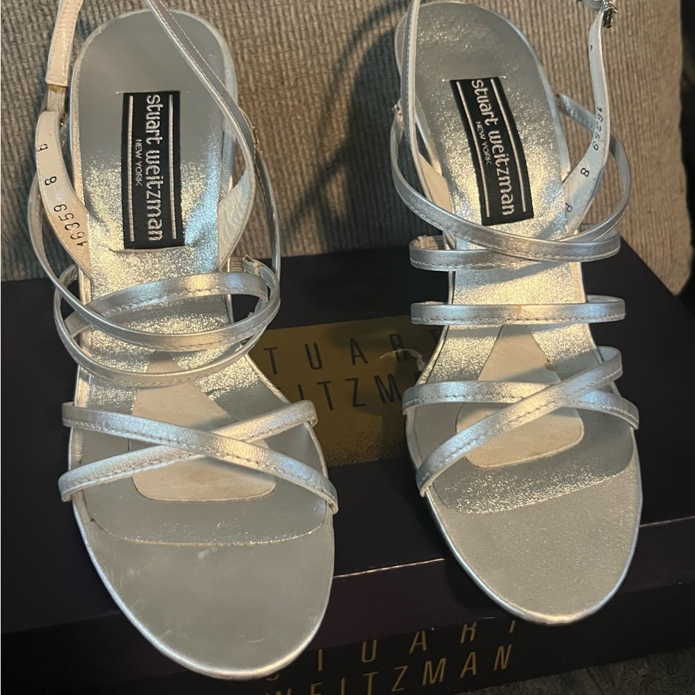 Stuart Weitzman Shimmering Silver Strappy Heels New in Box